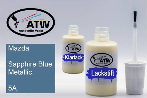 Mazda, Sapphire Blue Metallic, 5A: 20ml Lackstift + 20ml Klarlack - Set, von ATW Autoteile West.